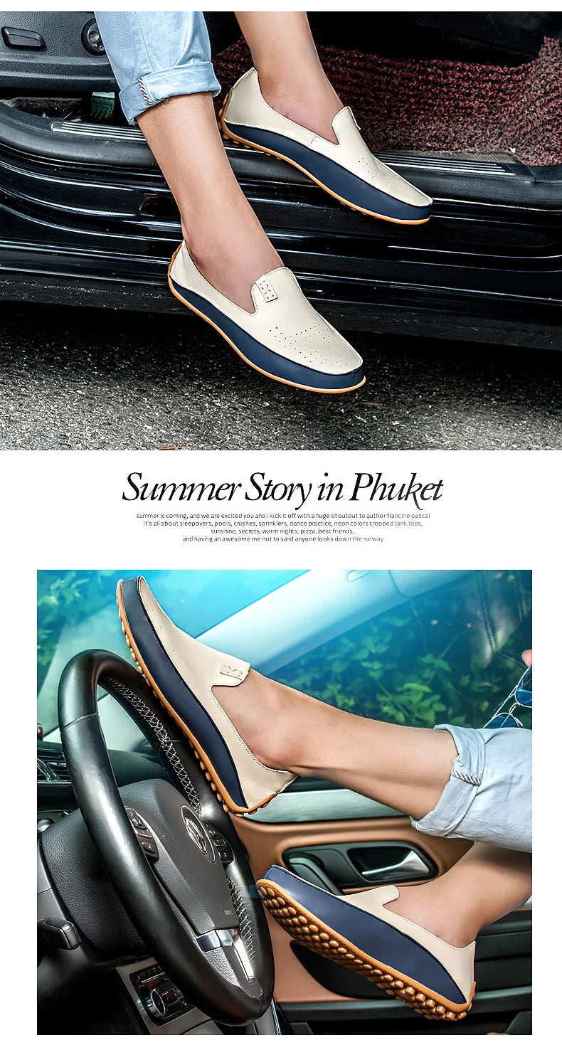 Summer Men Casual Flats Fashion Genuine Leather Soft Moccasins Brand Loafers High Quality Breathable Men Dress Shoes Size 36-47