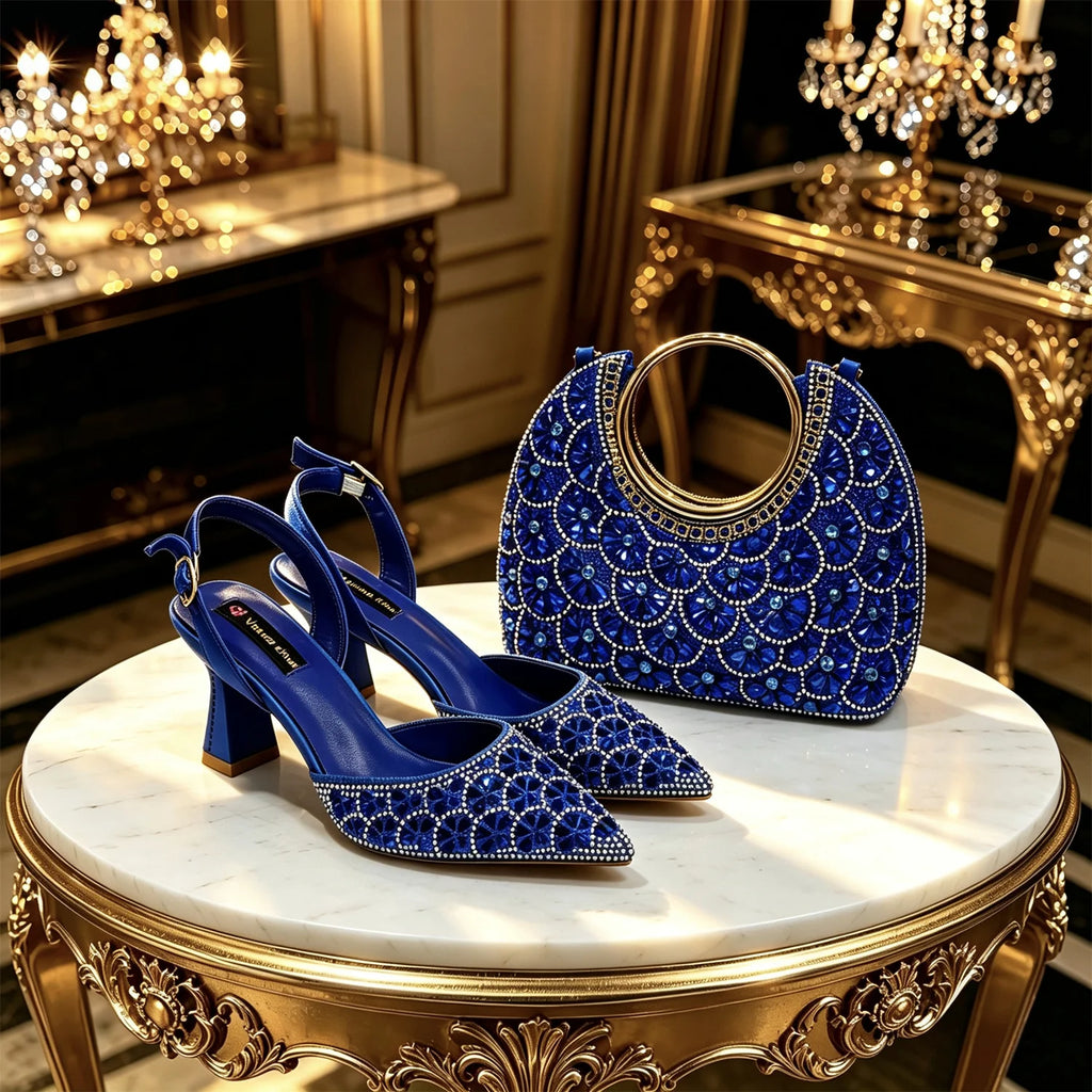 New Italian Pumps and Bag To Party 2026 INS Style Pointed Metalldekoration Rhinestone Elegant Gold Color High Heels for Women