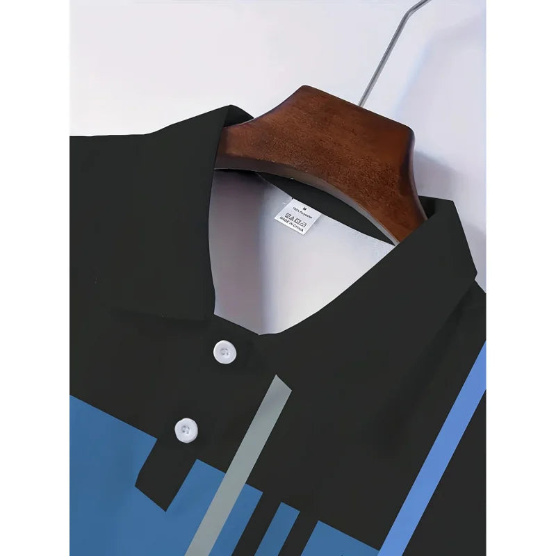 Men Black Blue Gray Geometric Color Block Polo Shirt Lapel Short Sleeve Breathable Casual Summer Golf Daily Tops