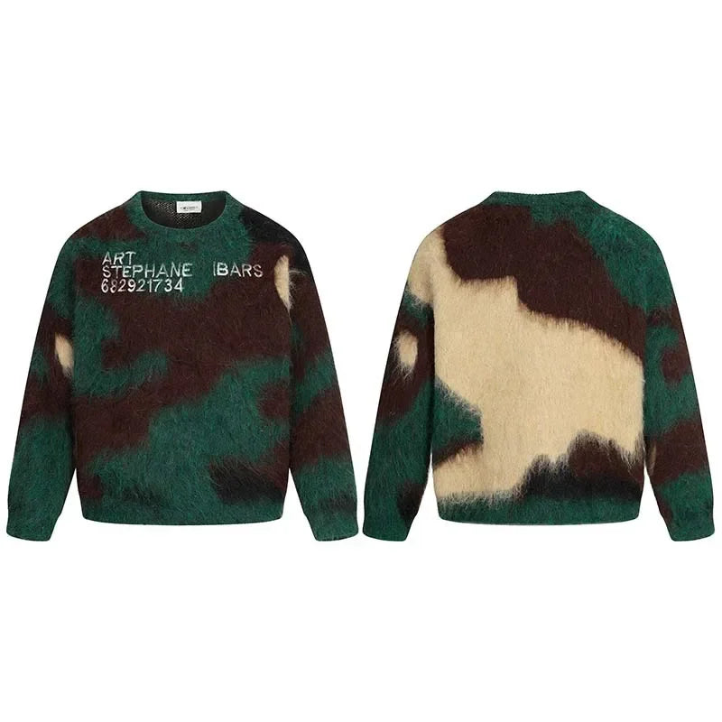 Men's Brand Loose Casual Knitted Sweater American Letter Contrasting Color Seahorse Hair Crew Neck Long Sleeve Sweater Trendy