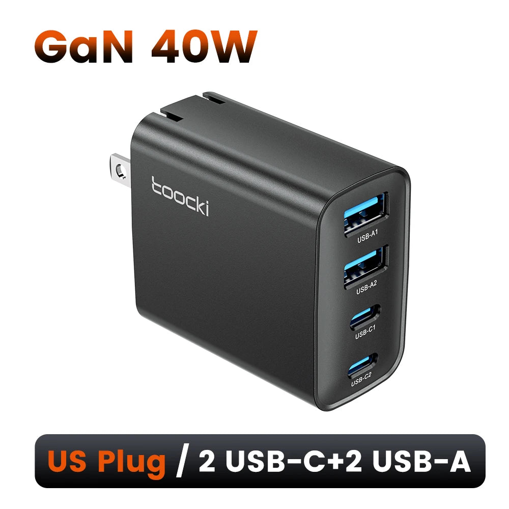 Toocki 40W GaN Fast Charger QC4.0 PD3.0 AFC SCP 4 Port USB Type C Charger for iPhone 16 15 14 Samsung S25 S24 Xiaomi Huawei OPPO