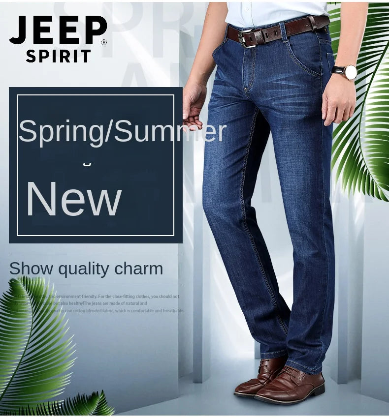 JEEP SPIRIT spring summer men's straight jeans casual loose mid-waist trousers all-match fashion business elastic denim pants