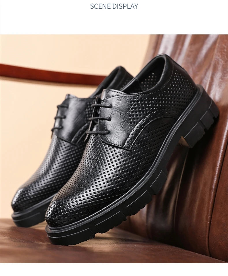 New Men Hollow Summer Platform High Heel 5/8/10 CM Height Growth Formal Men Derby Leather Shoes Man Wedding Dress Shoes Elevator
