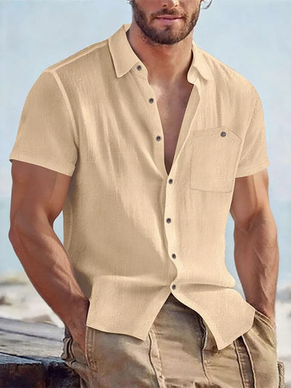 Men's Linen Blend Short Sleeve Button Down Shirt Casual Beach Top with Chest Pocket Breathable Lightweight Summer Shirts for Men