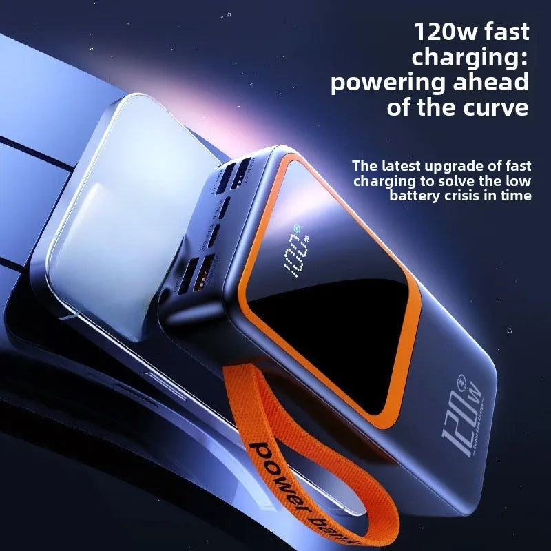 120W 50000mAh Power Bank for IPhone Samsung Xiaomi Mobile Phone Built-in Cable with Digital Display and Two-way Fast Charging