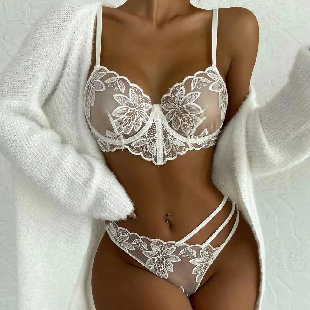 Women‘s Lingerie Set Underwear Sexy Transparent Plus Size Exotic Victoria Strap-designed Brief Ladies Embroidery Mesh Cute Hot