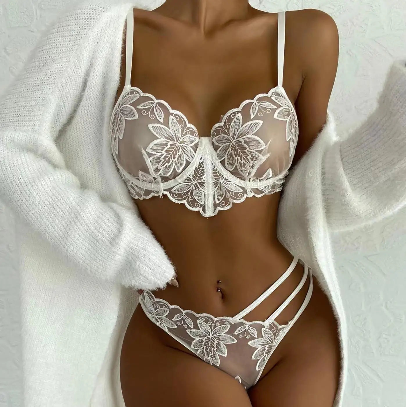Women‘s Lingerie Set Underwear Sexy Transparent Plus Size Exotic Victoria Strap-designed Brief Ladies Embroidery Mesh Cute Hot