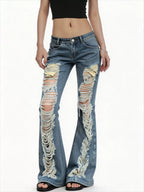 Women American Low Waist Flare Jeans Ripped Design Street Y2K Hot Girl Slim Denim Long Pants Grunge Streetwear Trousers