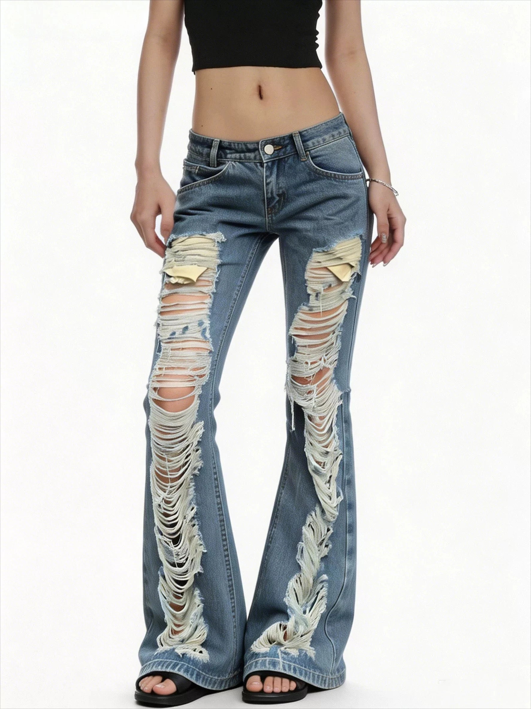 Women American Low Waist Flare Jeans Ripped Design Street Y2K Hot Girl Slim Denim Long Pants Grunge Streetwear Trousers