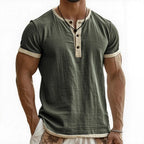 Summer New Men's Cotton Linen Shirt Casual Contrast Trim Short Sleeve Top Breathable Comfort Slim Fit Sports Casual Shirt