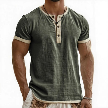 Summer New Men's Cotton Linen Shirt Casual Contrast Trim Short Sleeve Top Breathable Comfort Slim Fit Sports Casual Shirt