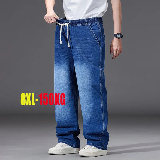 8XL Elastic Waist Men's Jeans, Loose Straight Leg Stretch Denim Pants, Plus Size Casual Streetwear, Big Size Relaxed Fit Trouser