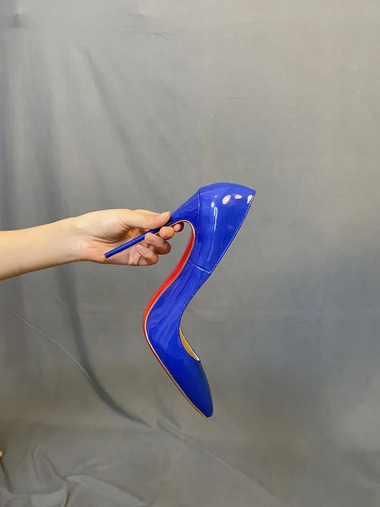 New blue high heels, socialite edition, customized sexy patent leather slim heel plus size women's single shoes
