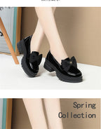 Spring Women British Style Shallow Patent Leather Black Loafers Thick Bottom Bow Platform Shoes 2024 Med Heels Single Pumps