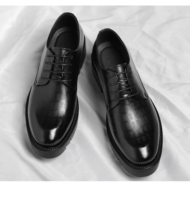 Men's Thick-Soled Low-Cut Business Formal Leather Shoes With Lace-Up Height Increase Groom's Wedding Shoes With Suit Shoes