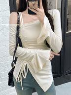 Sweet Sexy Drawstring Ribbon White Off Shoulder Top Women Basic Long Sleeve Body T-Shirt Elegant Flare Sleeve Lady Tees Pulovers