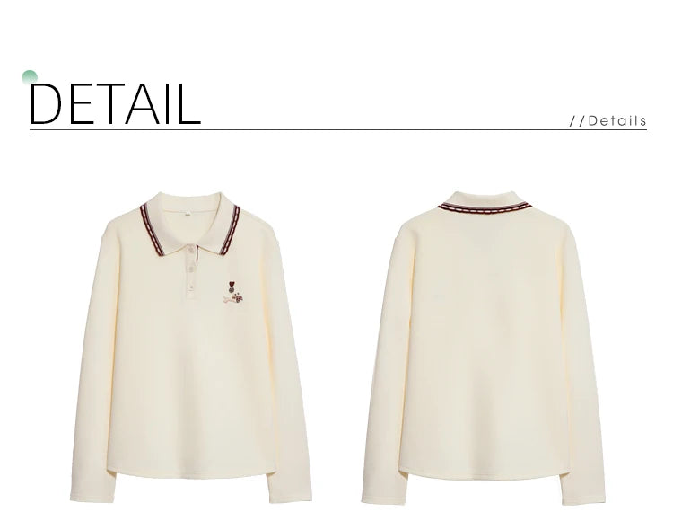 I BELIEVE YOU Polo Neck Long Sleeved T-shirt for Women Autumn 2025 Apricot Casual Tees Contrast Color Embroidery Top 2253016181