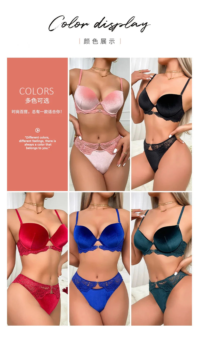 Autumn and Winter Velvet Bra Set Women's French Lace Patchwork Underwear Sexy Soft Steel Ring Ultrathin Lingerie Suit