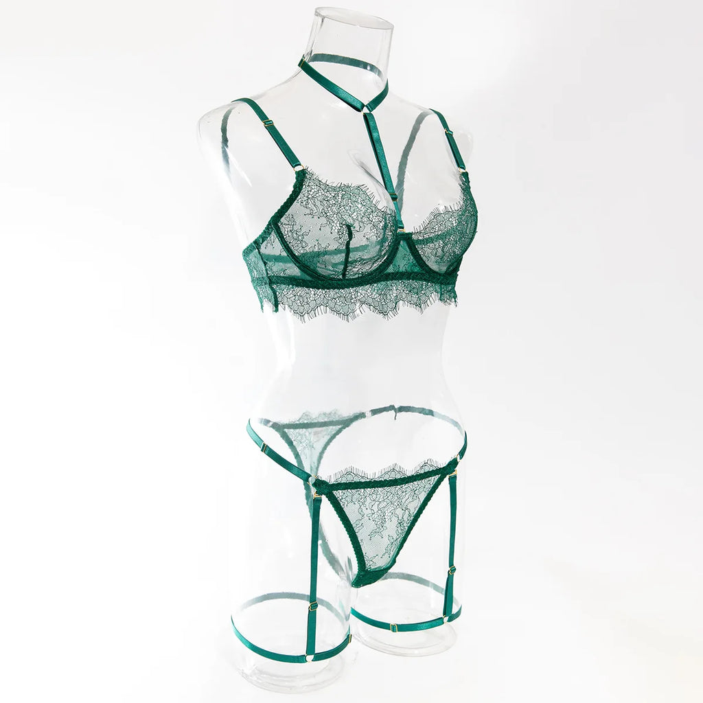 4 Piece Green Eyelash Lace Lingerie Set, Underwire Halter See Through Sexy Lingerie with Detachable Leg Straps