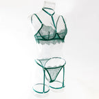 4 Piece Green Eyelash Lace Lingerie Set, Underwire Halter See Through Sexy Lingerie with Detachable Leg Straps