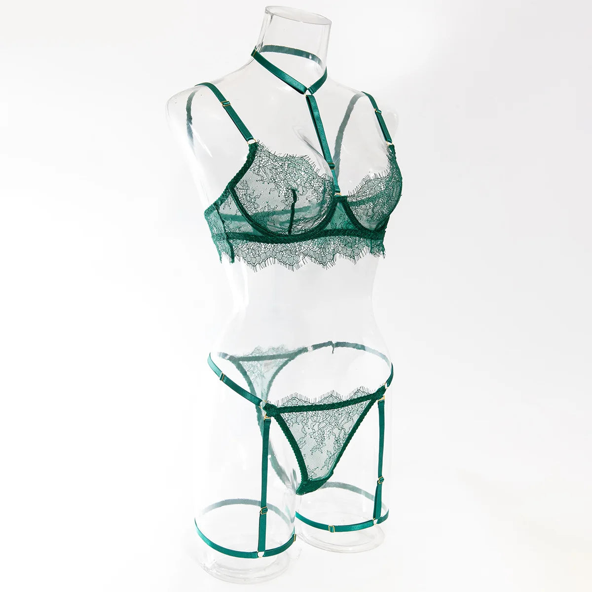 4 Piece Green Eyelash Lace Lingerie Set, Underwire Halter See Through Sexy Lingerie with Detachable Leg Straps
