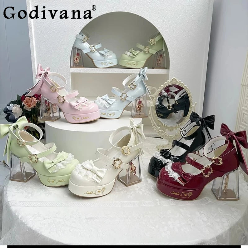 Original Design Lolita High Heeled Shoes Women Round Head Thick Sole Cute Shoes Female Versatile Elegant Mary Jane Pumps