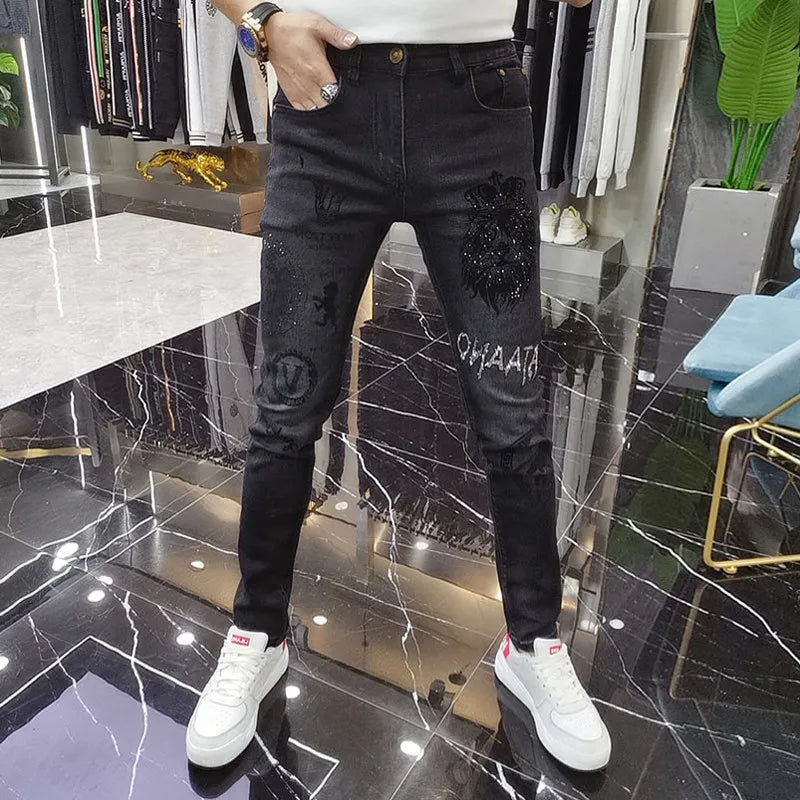 Hot-Stamped Rhinestone Men's Jeans, Trendy Brand, Stretchy Slim Fit, Embroidered and Printed Men's Trousers
