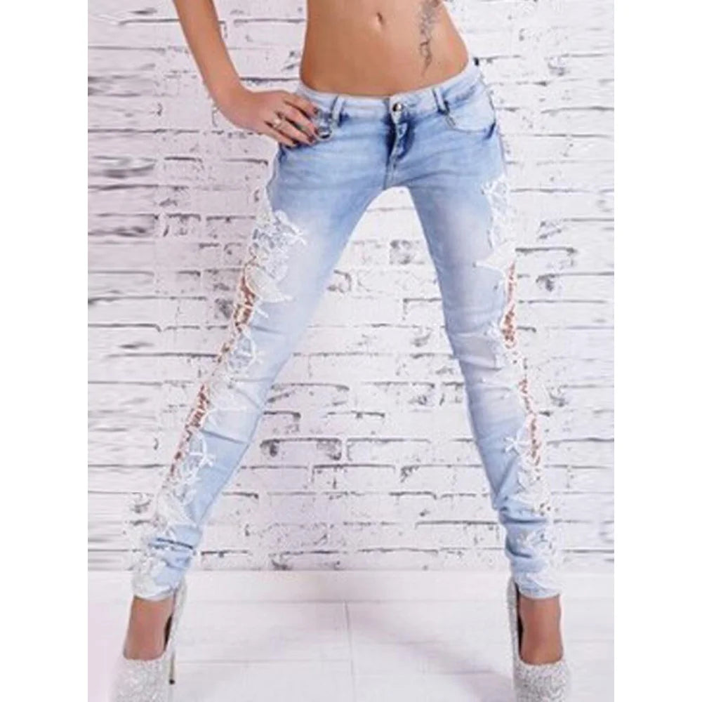 Lace Spliced Hollow Out Blue Jeans for Women Chic New Fashion Slim High Waisted Jeans Chic Vintage Skinny Pencil Pants