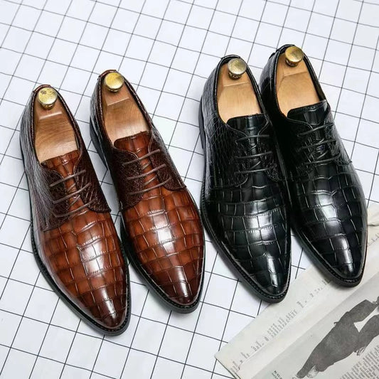Mens Brown Crocodile Embossed Leather Dress Shoes Pointed Toe Lace Up Oxfords Formal Business Office Wedding Party Wear Comforta