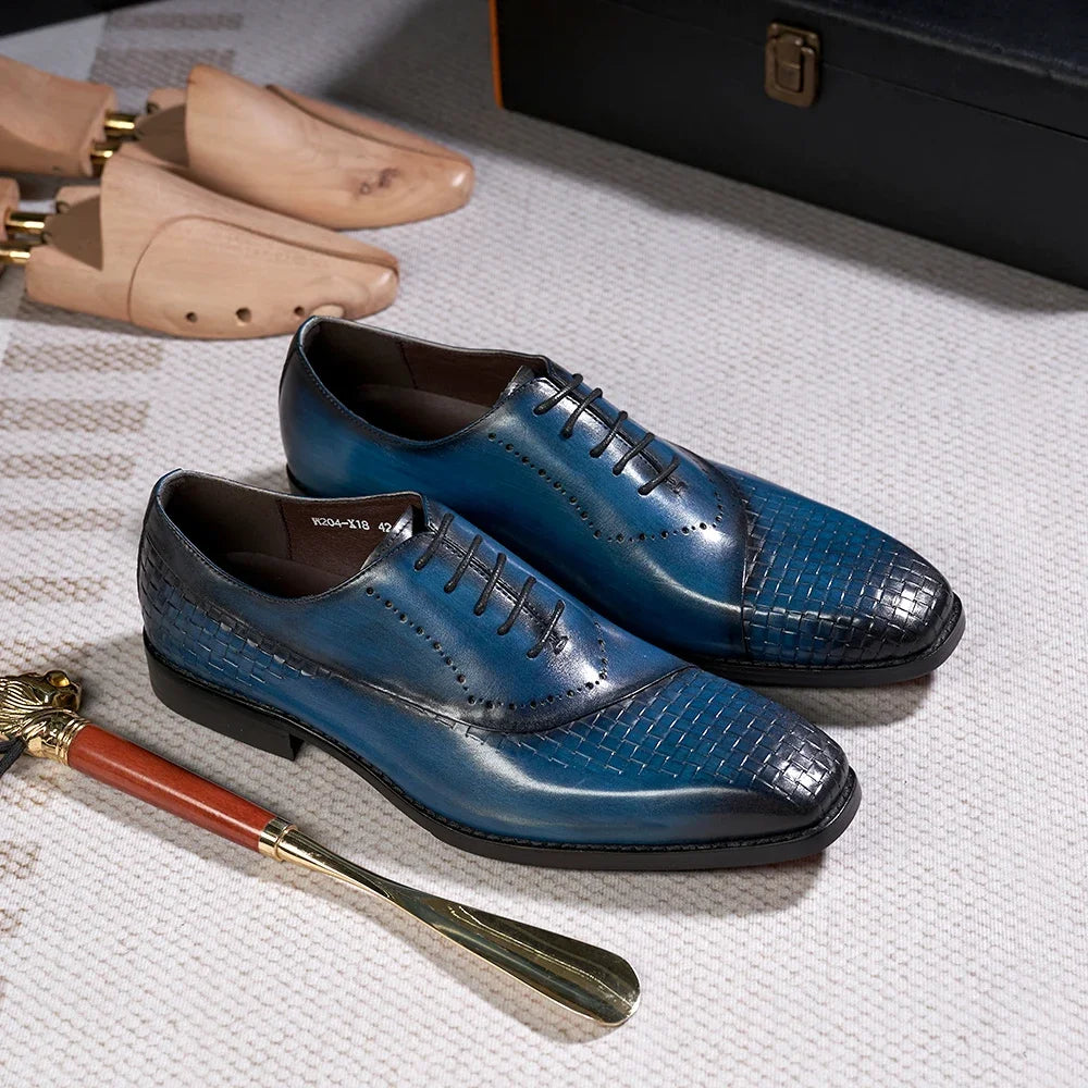 Men's Genuine Leather Oxfords Fashion Pointed Toe Wedding Party Dress Shoes Luxury Lace-Up Office Career Formal