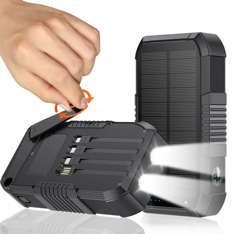 40000mAh Portable Solar Power Bank with Hand Crank Battery Charger Built in Cable Powerbank for iPhone 15 Xiaomi Samsung Huawei