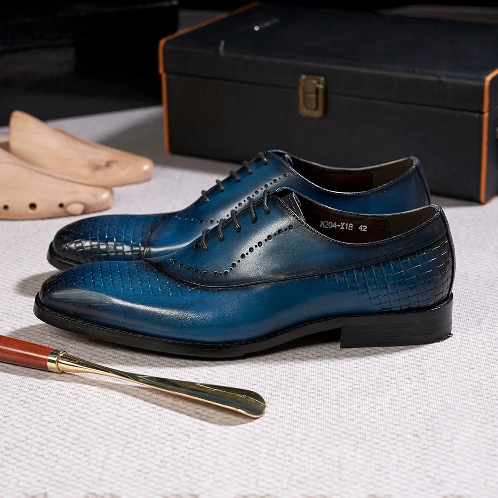 Men's Genuine Leather Oxfords Fashion Pointed Toe Wedding Party Dress Shoes Luxury Lace-Up Office Career Formal