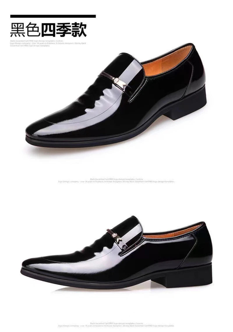 Mens Formal Wine Red Patent Leather Loafers Pointed Toe Slip On Shoes Hollow Out Non SlipBreathable Design Metal Buckle Decor