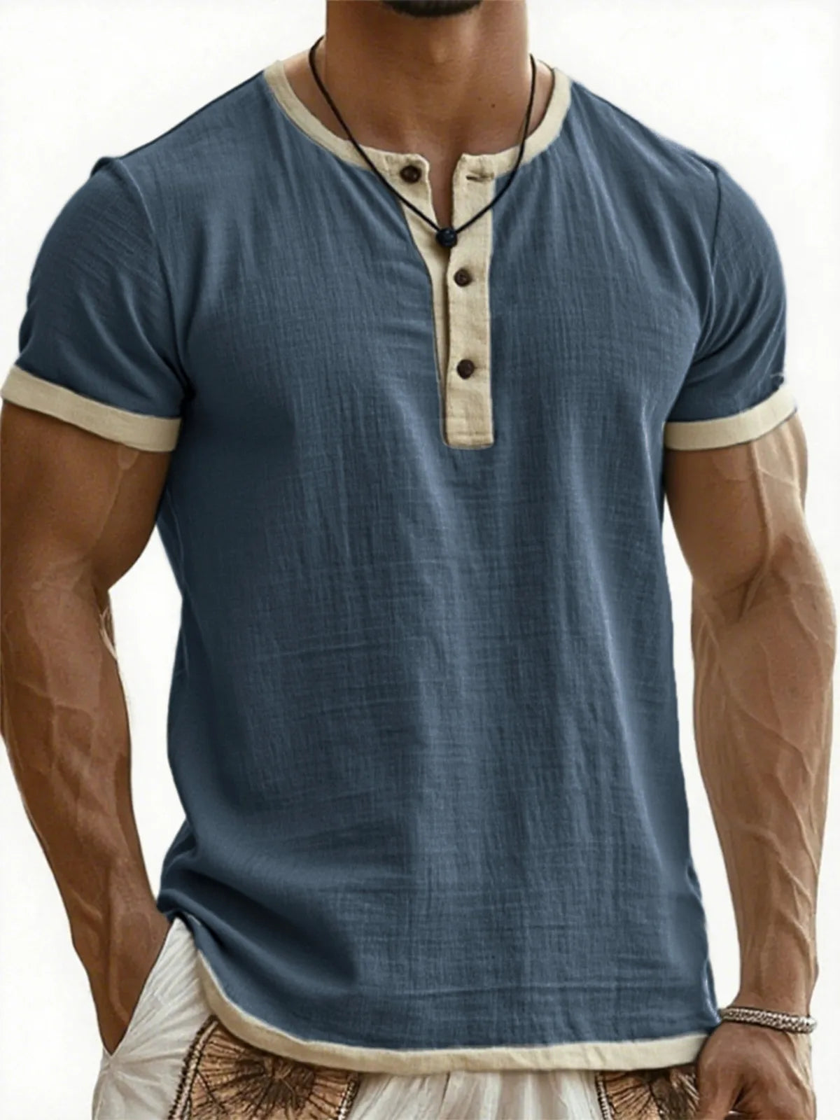 Summer New Men's Cotton Linen Shirt Casual Contrast Trim Short Sleeve Top Breathable Comfort Slim Fit Sports Casual Shirt