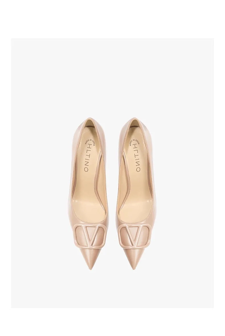 women fashon pumps with V buckle nude high heels with matte finish comfortable soft stilettos for dress