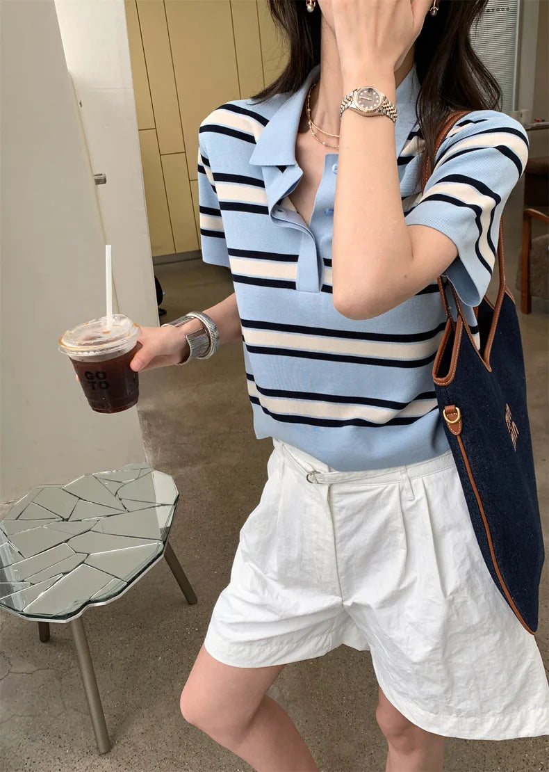 Striped POLO Neck Ice Silk Short Sleeved Women's Summer Thin Fashion Loose Lapel Knit Top
