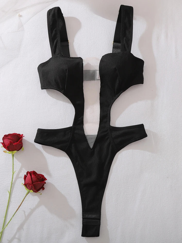 Belamimi Sheer Mesh Hollow Backless Bodysuit Women Slim Shaping Sexy Club Outfit Transparent Mesh Lingerie