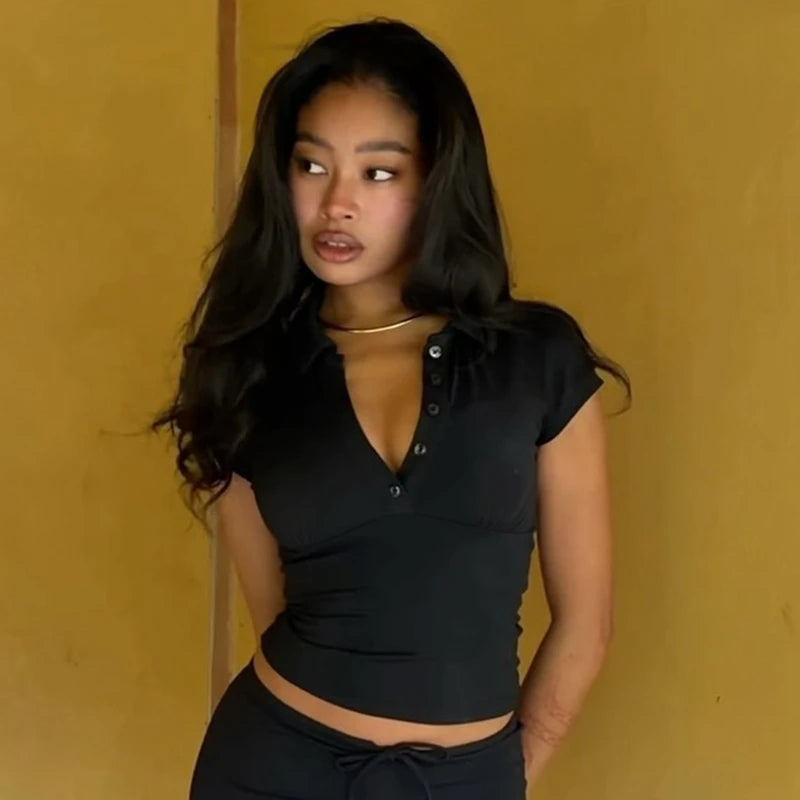 Hugcitar Women'S Fashion Short Sleeve Solid Polo Neck Buttons Sexy Crop T-Shirt Top Summer Female Clothes Streetwear Holiday