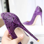 Purple Embossed Crocodile Effect Women Pointy Toe Slip On High Heel Shoes for Party Sexy Ladies Dress Stiletto Pumps