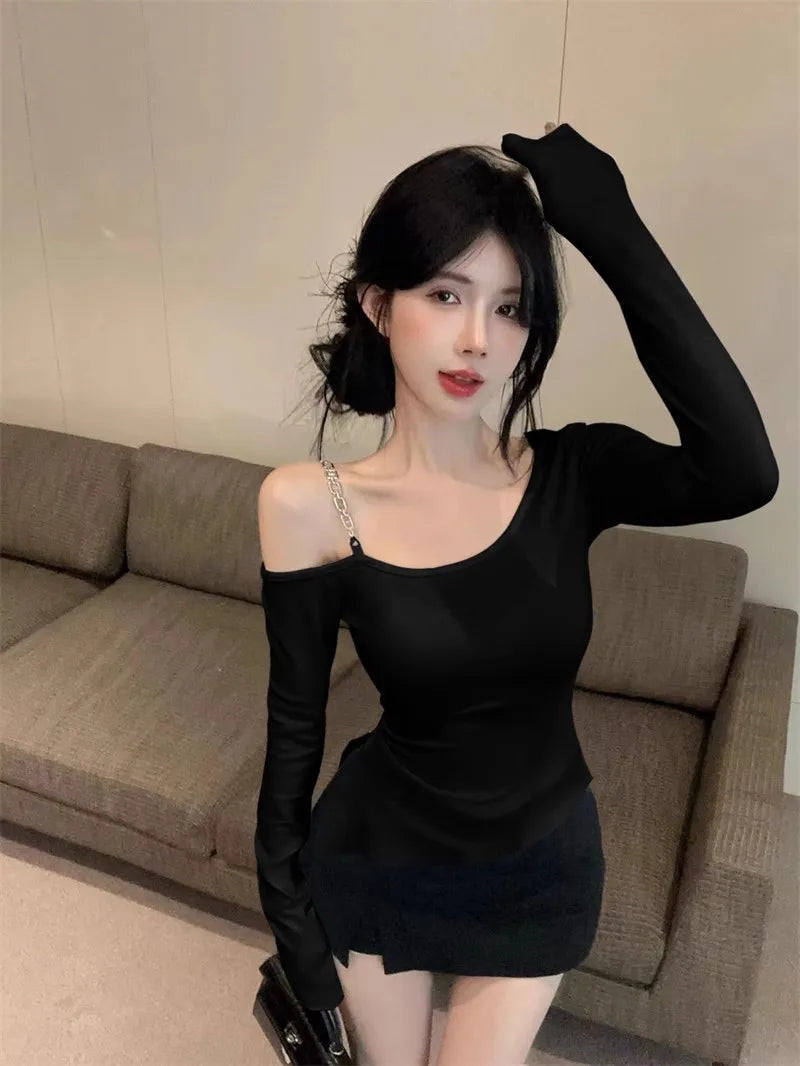 Pure And Elegant Irregular-necked Off-the-shoulder Tight T-shirt For Women