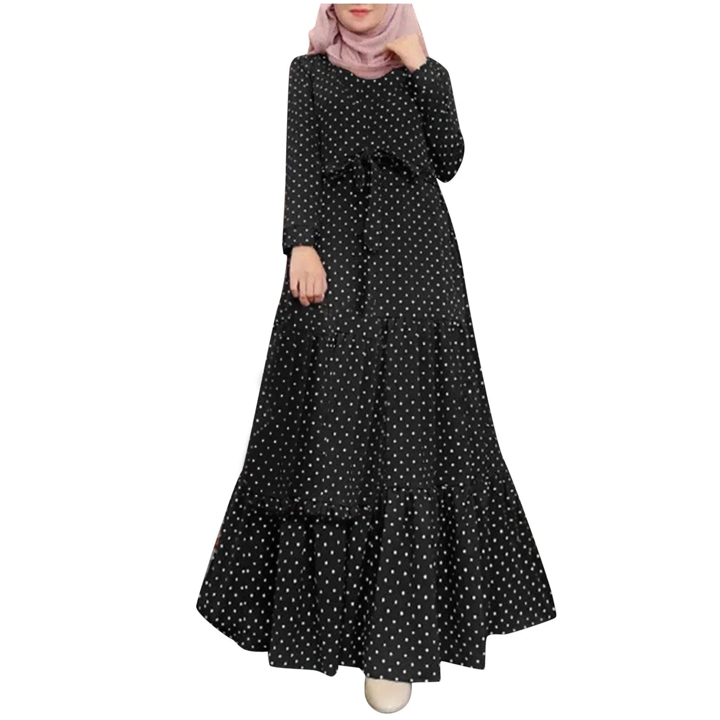 Polka Dot Muslim Dress Ruffle Belted Waist Women'S Dresses Long Sleeve Button Down Abaya Casual Vestidos Kaftan Dubai Long Robe