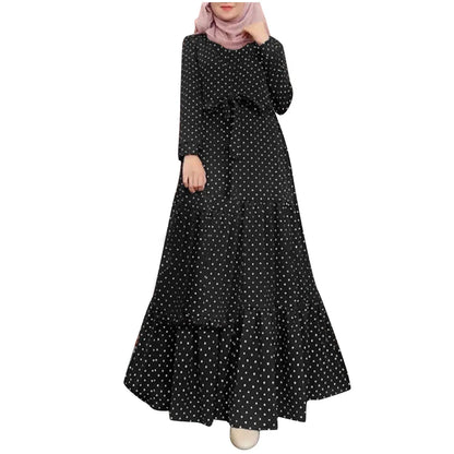 Polka Dot Muslim Dress Ruffle Belted Waist Women'S Dresses Long Sleeve Button Down Abaya Casual Vestidos Kaftan Dubai Long Robe