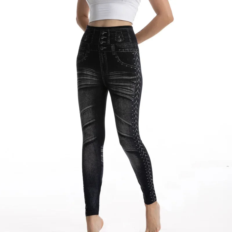 High Waist Faux Denim Jean Leggings Slim Elastic Seamless Skinny Pencil Pant Summer Female Workout Fashion Denim Jeans Leggings