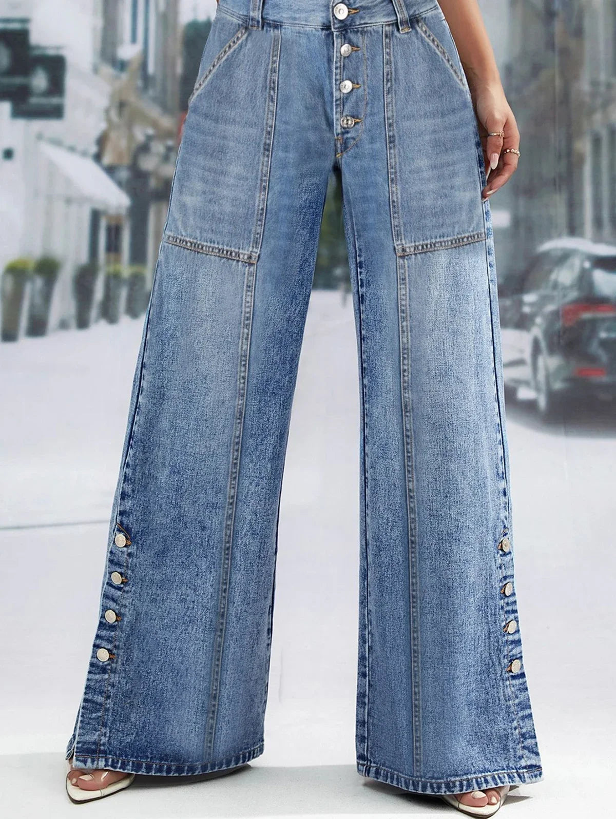 Women's Fashion Vintage Plus Size Wide Leg Jeans High Waist Button Fly Denim Trousers Pants Harajuku Pockets Autumn Jeans