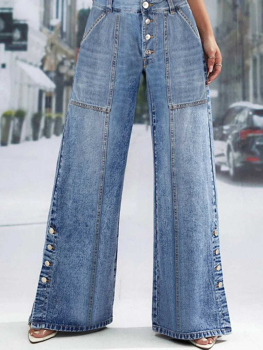Women's Fashion Vintage Plus Size Wide Leg Jeans High Waist Button Fly Denim Trousers Pants Harajuku Pockets Autumn Jeans