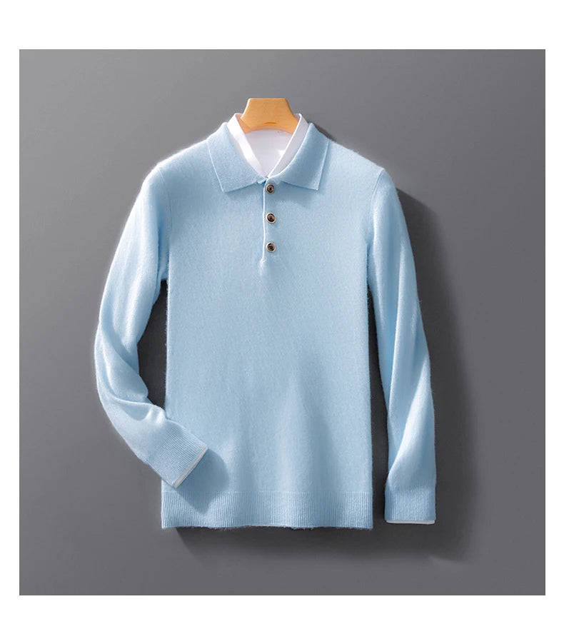 Autumn And Winter New 100 Pure Wool Sweater Men's POLO Collar Button Loose Pullover Sweater Cashmere Knitted Bottoming Shirt
