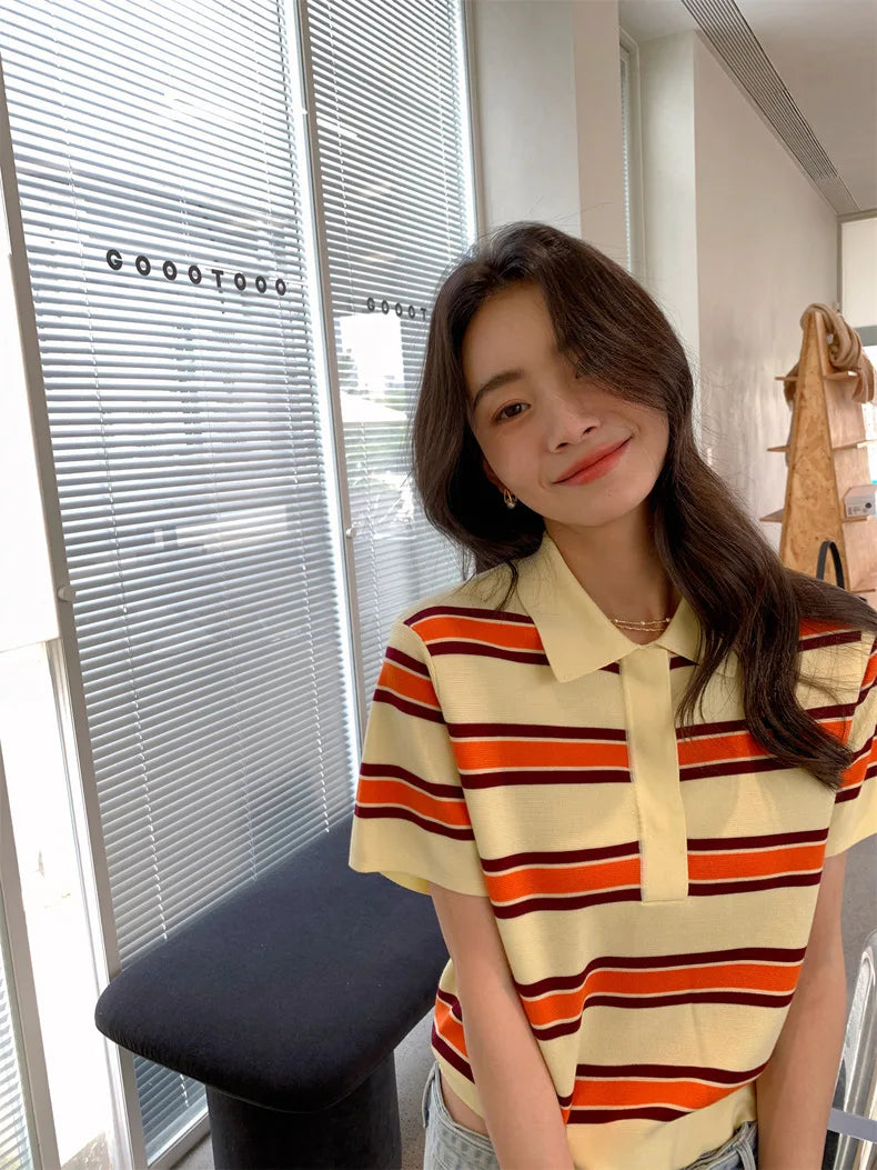 Striped POLO Neck Ice Silk Short Sleeved Women's Summer Thin Fashion Loose Lapel Knit Top