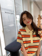 Striped POLO Neck Ice Silk Short Sleeved Women's Summer Thin Fashion Loose Lapel Knit Top