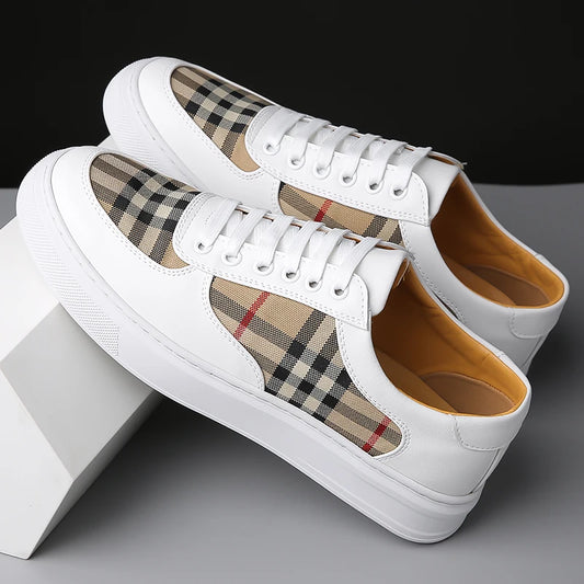 Men Classic Checkered Patchwork Thick Soled Casual Board Shoes Shock-absorbing Breathable Fashionable Commuting Street Shoes