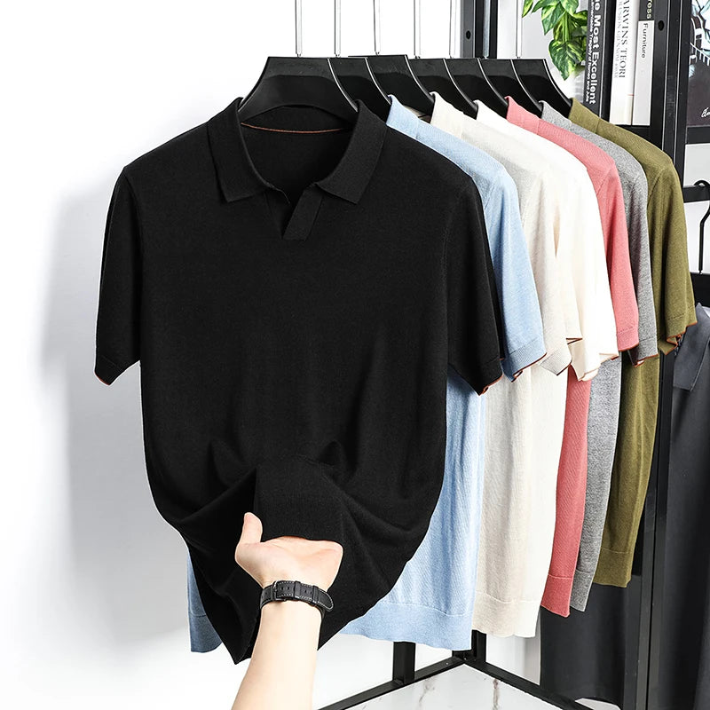 100%  Lyocell Knitwear 2025 Men Spring Summer Trendy Turn Down Collar Knit Tees Short Sleeve Breathable Knit Tops